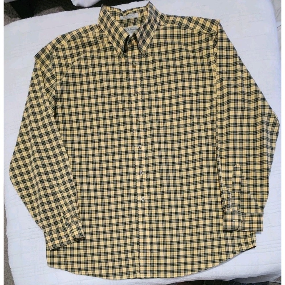 LL Bean Shirt Mens XXL Yellow Black Plaid‎ Long Sleeve Button Up Traditional Fit